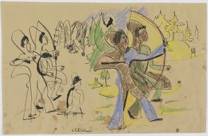 射手たち 1935年頃 （茶色の紙にペン＆チョーク） 作： Ernst Ludwig Kirchner