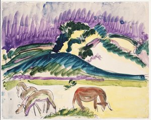 砂丘の牧草地の牛、1913 作： Ernst Ludwig Kirchner