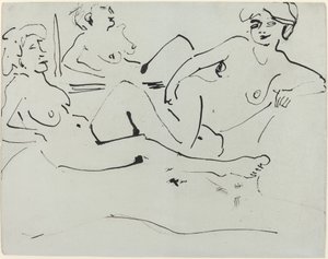 ドードーと鏡の前に横たわる年配の女性 作： Ernst Ludwig Kirchner