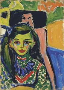 彫刻が施された椅子の前のフランツィ、1910 作： Ernst Ludwig Kirchner