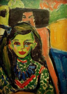 彫刻が施された椅子の前のフランツィ 作： Ernst Ludwig Kirchner