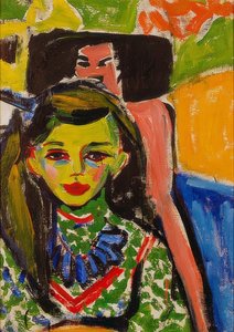 彫刻が施された椅子の前のフランツィ。 1910 作： Ernst Ludwig Kirchner