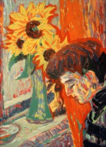 ひまわりの前で女性の頭 作： Ernst Ludwig Kirchner