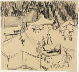 羊飼いと山羊がいる山間の村（シュタッフェルアルプ） 作： Ernst Ludwig Kirchner