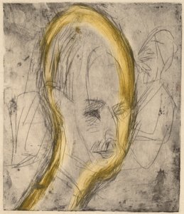 バウアー博士の頭、1921年（エッチングとドライポイントは黄色のモノタイプワイピングで黒く印刷されています） 作： Ernst Ludwig Kirchner