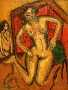 赤い画面の前でひざまずく女の子ヌード 作： Ernst Ludwig Kirchner