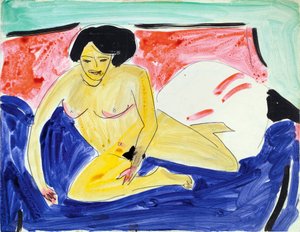 ソファに座っているヌード (ソファに座っているヌード)。 Ernst Ludwig Kirchner (1880-1938) の作品、紙に水彩、インク 作： Ernst Ludwig Kirchner