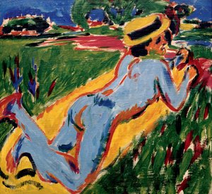 麦わら帽子をかぶって眠るヌーブルー。 Ernst Ludwig Kirchner (1880-1938) の作品、ボール紙に油彩 作： Ernst Ludwig Kirchner