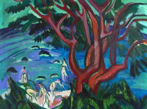 1913年にビーチで赤い木。 作： Ernst Ludwig Kirchner