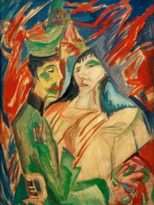 カラフルなカーテンの間の兵士と少女 作： Ernst Ludwig Kirchner