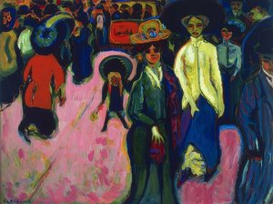 ドレスデンの通り。 1908年（1919年に改訂、1907年の絵画に基づく） 作： Ernst Ludwig Kirchner