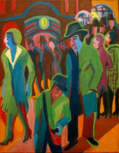夜の照明で通りを歩く人がいる通り 作： Ernst Ludwig Kirchner