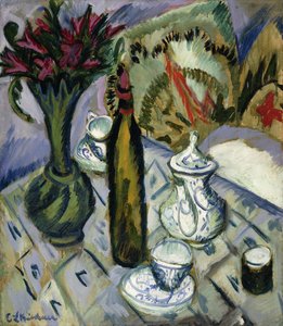 ティーポット、ボトル、赤い花。ティーポット、ボトル、赤い花、1912 作： Ernst Ludwig Kirchner