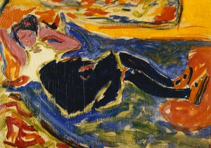 黒のストッキングを持つ女性;黒いストッキングを履いた女性（Die Schwarze Grete）、c.1908-09（キャンバスに置かれた紙に油彩） 作： Ernst Ludwig Kirchner
