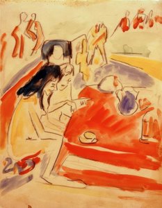 テーブルに座っている2人の女の子 作： Ernst Ludwig Kirchner