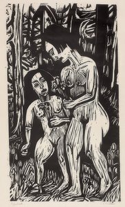 森の花を持つ2つの裸の女の子。 1923