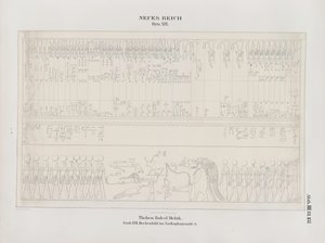 サルコファガスホール、19王朝、テーベ、ビバンエルムルク、ニューキングダムの天井画の描画、リチャードレプシウスによる「エジプトとエチオピアの記念碑...」からのイラスト 作： Ernst Weidenbach