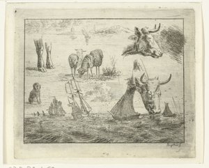 海の風景、2 つの牛の頭、羊、犬、2 本の足の学習シート 作： Ernst Willem Jan Bagelaar