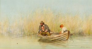 ボートで釣りをする男性と少年の研究 作： Erskine Nicol