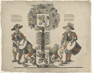 2 つの紋章のある木、両側に太鼓 作： Erven Weduwe Gijsbert de Groot