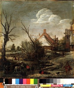 冬（ウィンター）。 Esalas van de Velde (1591-1630) による絵画。 木に油彩、37.5 x 35.5 cm 作： Esaias I van de Velde