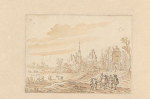 人々の群れと城のある風景 作： Esaias van de Velde (possibly)