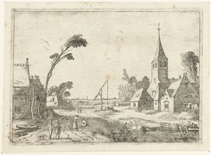 農場、教会、井戸のある村の景色 リクライニング風景（連載タイトル） 作： Esaias van de Velde