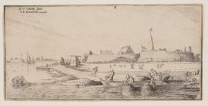 城壁に囲まれた町の前で手漕ぎボートに乗る漁師たち（『風景』より 作： Esaias van de Velde