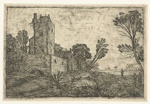 運河にある壁の後ろにある高い正方形の塔 作： Esaias van de Velde