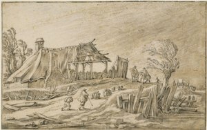 暴風雨の中、羊の群れと騎手が走る田舎道 作： Esaias van de Velde