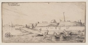 城壁に囲まれた町の前で手漕ぎボートに乗る漁師たち（『風景』より 作： Esaias van den Velde I