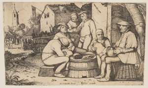 樽の尻をテーブルにする6人の農民 作： Esaias van den Velde I