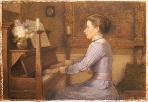 ピアノで（紙に鉛筆と水彩） 作： Esther H. Jones