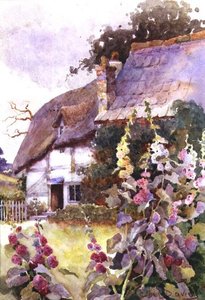 茅葺き屋根の外のホーリーホック（水彩画） 作： Ethel Davies