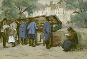 1917年のセーヌ川沿いのフランスの兵士とブーキニスト（ライトグレーの紙にトイレ） 作： Ethel Hunter