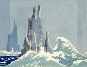 カテドラルロックス、タスマニア州、1939年（リノカット） 作： Ethleen Palmer