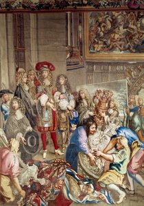 ジャン・バティスト（ジャン＝バティスト）・コルベール（1619-1683）（横顔、国王の右側）と画家シャルル・ルブラン（ル・ブラン）（1619-1690）の面前で、ルイ14世がマニュファクチュール・デ・ゴブランを訪問 ）、10月15日