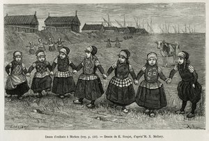 マルケン（オランダ）の子供の踊り、シャルル・ド・コステールが1878年に発表したネールランデ号の物語を説明するためにE.Ronjatが描いた絵の後のエングレーヴィング、エドゥアール・シャルトンの指揮の下、tour du mondeに掲載された。 作： Etienne Antoine Eugene Ronjat
