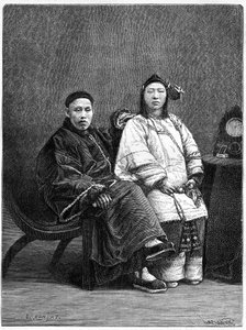 19世紀のサンフランシスコ（米国）の中国人著名人のカップル。エドゥアール・シャルトン編『Le Tour du Monde, Nouveau journal des Voyages』（パリ）に掲載されたロンジャットの絵を写真にしてエングレーヴィング。 作： Etienne Antoine Eugene Ronjat