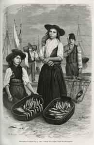 魚商人は伝統的な女性の衣装を身につけています。短いスカートとプリーツ、銀のボタンが付いたボディス、幅広の黒いフェルトの帽子を被っています。E.Ronjatによるエングレーヴィング、ジュール・ルクレールクのリスボンでの一週間の物語を説明するためのもので、『Tour du』に掲載されています。 作： Etienne Antoine Eugene Ronjat