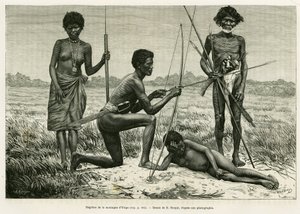 ユリガ山のネグリトたち。アルフレッド・マルシェ（1844-1898）の『Lucon and Palaouan, six years in the Philippines』という物語をE.Ronjatが描いたもので、Edouard Charton（1807-1890）監督の『le tour du monde 1886』に収録されています。 作： Etienne Antoine Eugene Ronjat