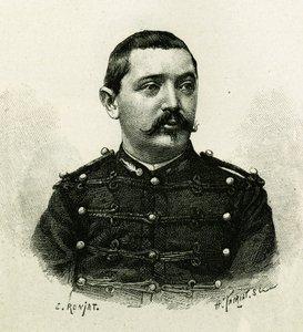 1879年から1882年にかけて、ガリエーニの指揮下でアフリカ遠征を行った海軍砲兵隊のピエトリ大尉の肖像。による「Exploration du Haut Niger（ニジェール河畔の探検）」（現在のマリ）の物語を説明するために、E. Ronjatが写真から作成したエングレーヴィング。 作： Etienne Antoine Eugene Ronjat