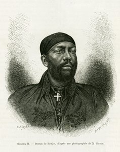 エチオピアの王子メネリク2世（1844-1913）の肖像。写真をもとにロンジャットが描いた「Voyage au Choa（Abyssinie meridionale）」という物語のための版画。 作： Etienne Antoine Eugene Ronjat