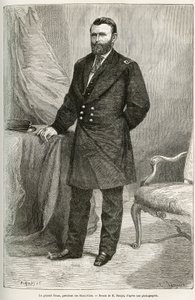 ユリシーズ・グラント（1822-1885）は、アメリカの将軍で、分離独立戦争の際に北軍を指揮し、1869年から1877年まで2期にわたって第18代アメリカ合衆国大統領を務めた人物です。E.Ronjatの図面をもとにしたエングレーヴィングで、ストイックさを表現しています。 作： Etienne Antoine Eugene Ronjat