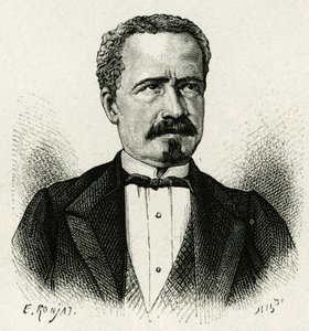 1875年から1876年までエクアドルの大統領を務めたドン・アントニオ・ボレロの肖像。"春分の日のアメリカ "の物語を説明するために、E.Ronjatが写真をもとにして描いた版画。 作： Etienne Antoine Eugene Ronjat