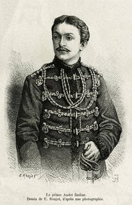 ロシア軍の将軍であり、チェスのチャンピオンでもあるミングレーのアンドレ・ダディアン王子（1850-1910）。カルラ・セレーナが1876年から187年にかけて執筆した『Un tour en Mingrelie』（コーカサスとリオンの間に広がるグルジアの地域）の挿絵として、E.Ronjatが描いたもの。 作： Etienne Antoine Eugene Ronjat