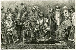 カシミールのマハラジャ、ランビール・シングとその宮廷。1881年、マリー・ド・ウジファルビー・ブルドン（Ujfalvy Bourdon）が書いた物語「西ヒマラヤにおけるパリ女性の肖像」を説明するための、E.ロンジャットによるエングレーヴィング。Tour du monde（トゥール・デュ・モンド）第2期に掲載された 作： Etienne Antoine Eugene Ronjat