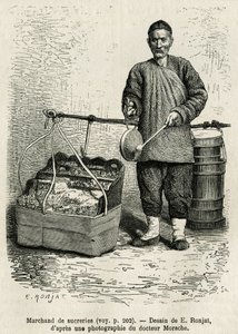 ペキンの皇居の東方花門を歩く砂糖商人が、平たい太鼓を叩いて、干したアプリコット、リンゴの砂糖漬け、キャラメルのベリンゴットをアピールしている様子。E.Ronjatの絵をもとに、ペキンまでの道のりを描いたエングレービング 作： Etienne Antoine Eugene Ronjat