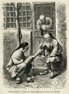 歩くペディキュア、中国の都市では日常生活でよく見られる光景です。1873年にT.Choutzeが北京と華北への旅を説明するために描いたE.Ronjatの図面に基づくエングレーヴィングで、1876年にEdouard Chartonが編集した "Le tour du monde "に掲載されている。 作： Etienne Antoine Eugene Ronjat