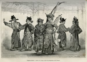 歴史的、神話的なドラマを専門とする北京の劇場の悲劇家たち。1873年にT.Choutzeが行った北京と中国北部への旅を説明するためにE.Ronjatが描いた図面に基づいて作成された版画で、1876年にEdが編集した「Le tour du monde」に掲載されている。 作： Etienne Antoine Eugene Ronjat